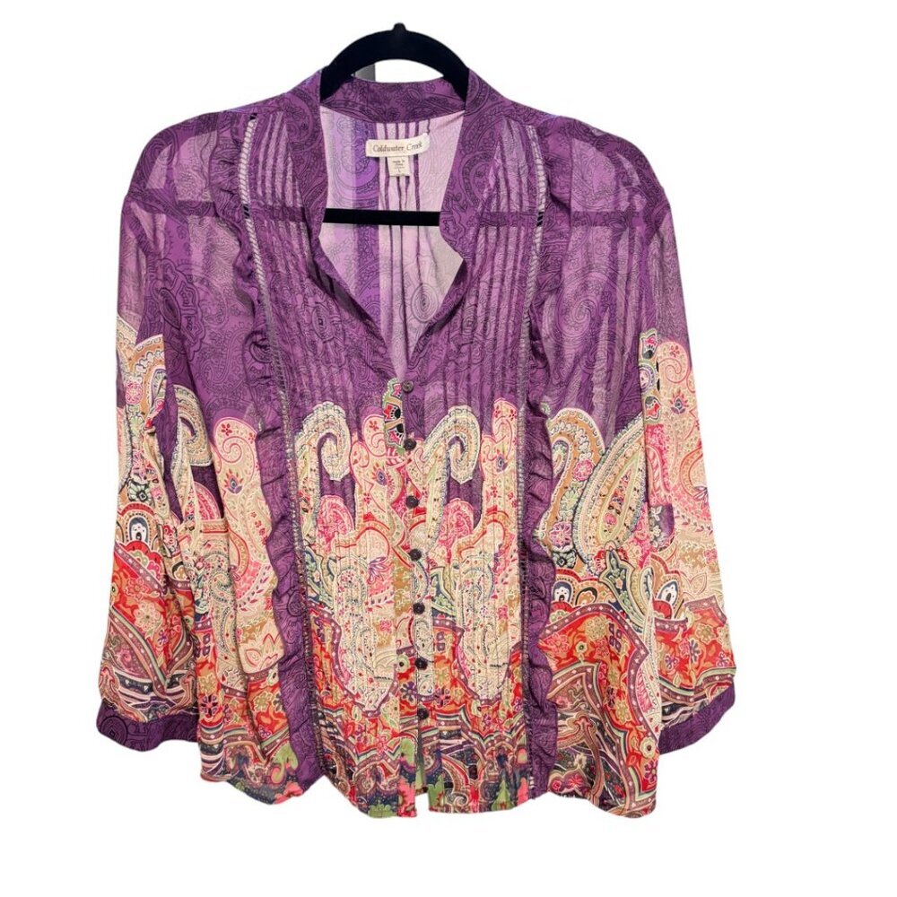 Coldwater Creek Semi Sheer Purple Paisley Button Front Blouse Pleated